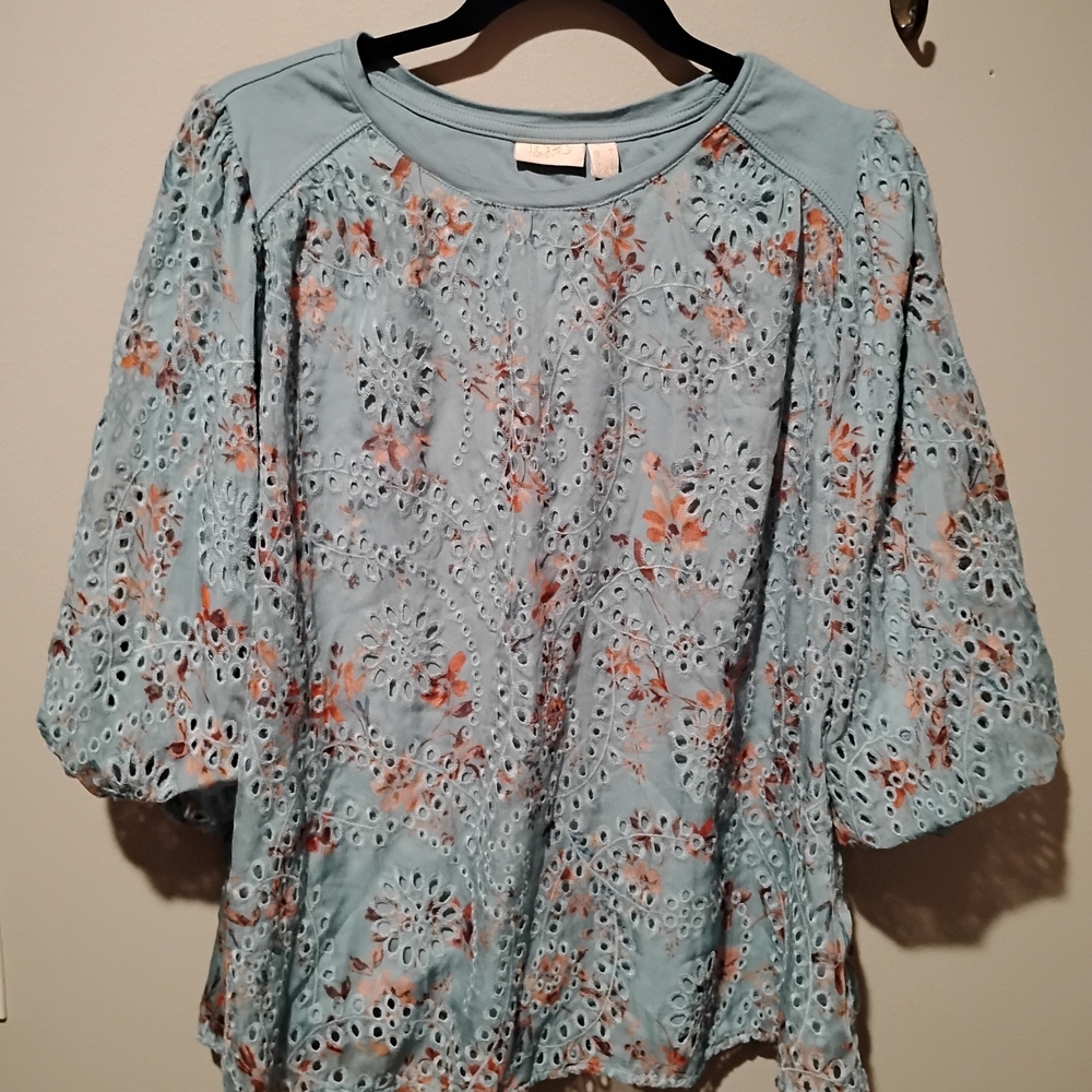 LOGO by Lori Goldstein Blue and Orange Floral Blouse